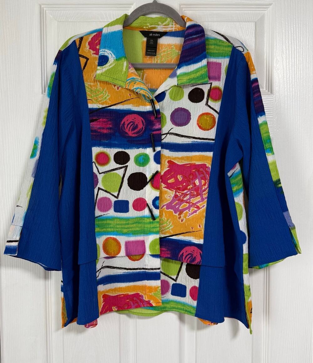 Ali Miles Women's Multicolor Print Textured Button Front Top Size XL Petite